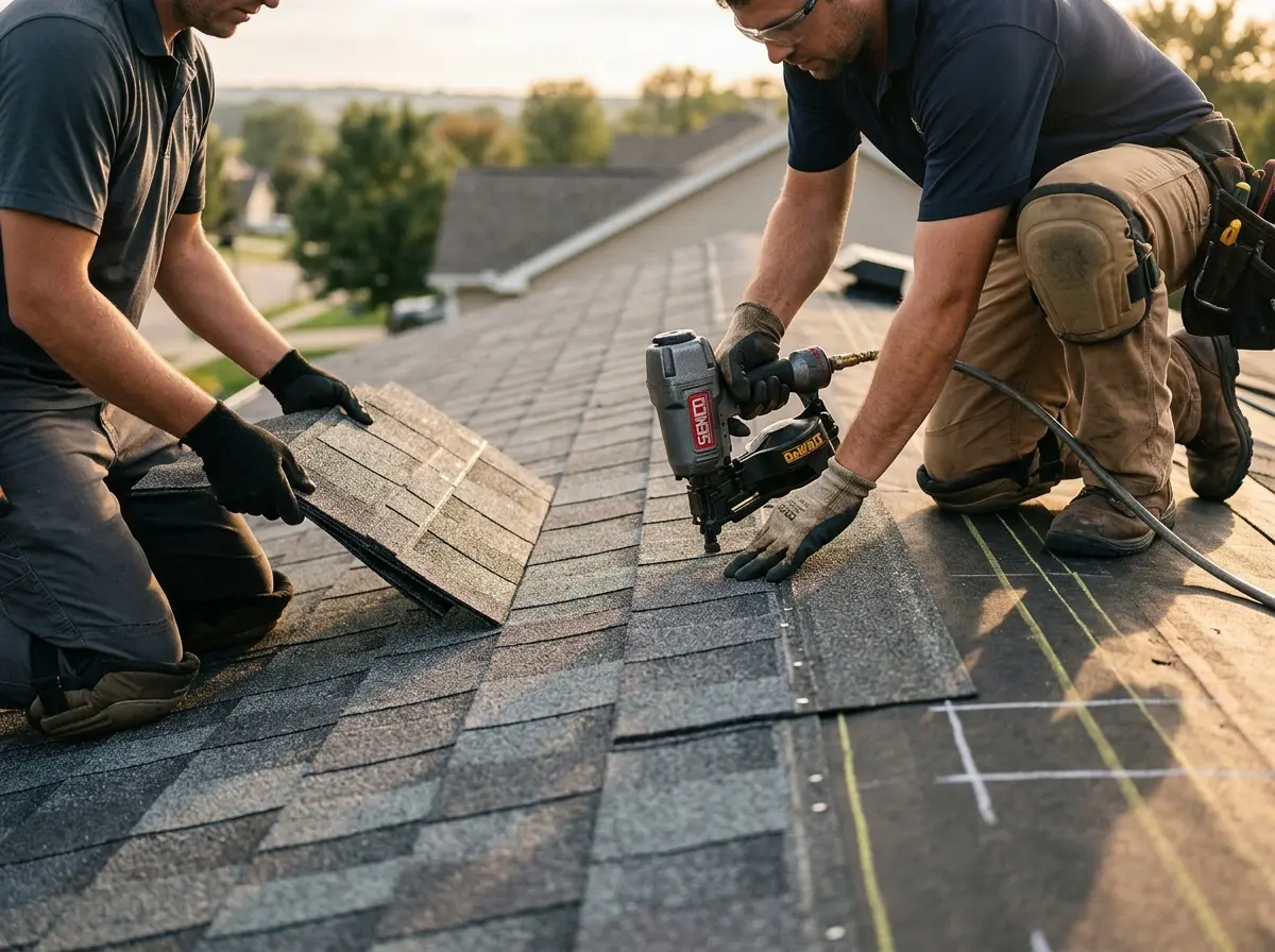 Professional roofer working on a residential roof in Horace
